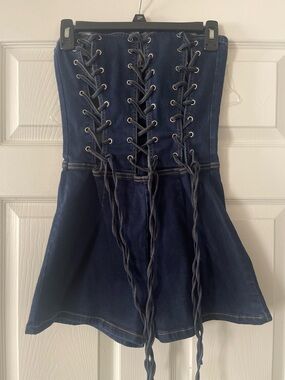 Denim Lace-Up Strapless Romper in Dark Blue